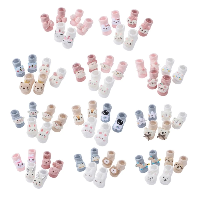 

77HD Pack of 3 Pair Animal Themed Infant Knit Booties Cartoon Dolls Knitted Baby Shoes Socks Comfortable Floor Socks Set