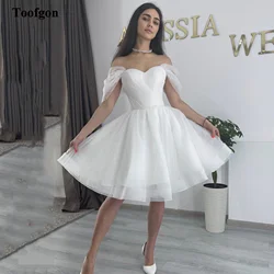 Toofgon Sparkly Tulle Short Wedding Dresses For Bride Off The Shoulder Pleats Knee Length Corset Back Princess Bridal Gowns 2023