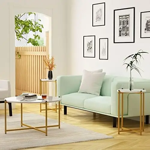 Coffee Table Set of 3 Include Coffee Table & 2pcs Side Table Living Room Sets Faux Marble Tabletop and Metal Frame