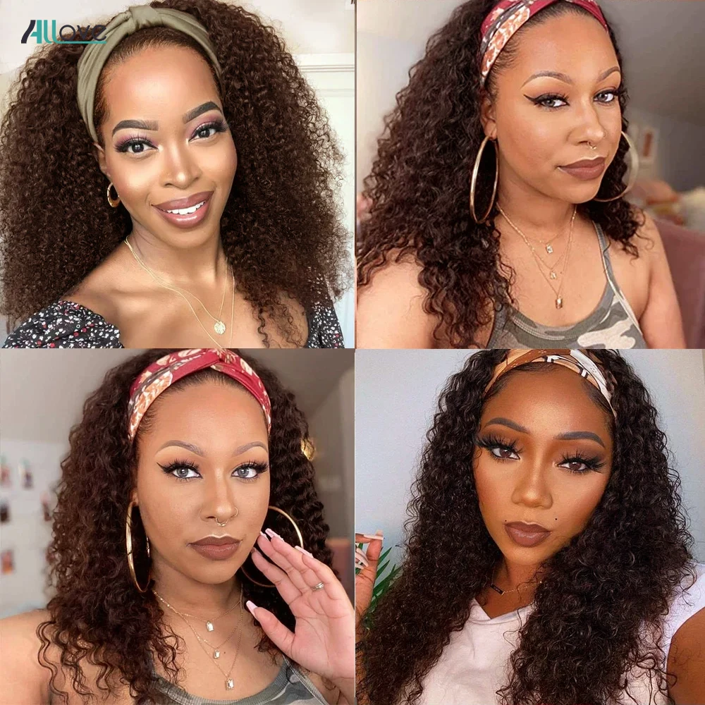 Allove #4 Brown Headband Wig Full Machine Made Wigs Deep Wave Brazilian Remy Human Hair Scarf Wig For Women Deep Curly human hair wigs