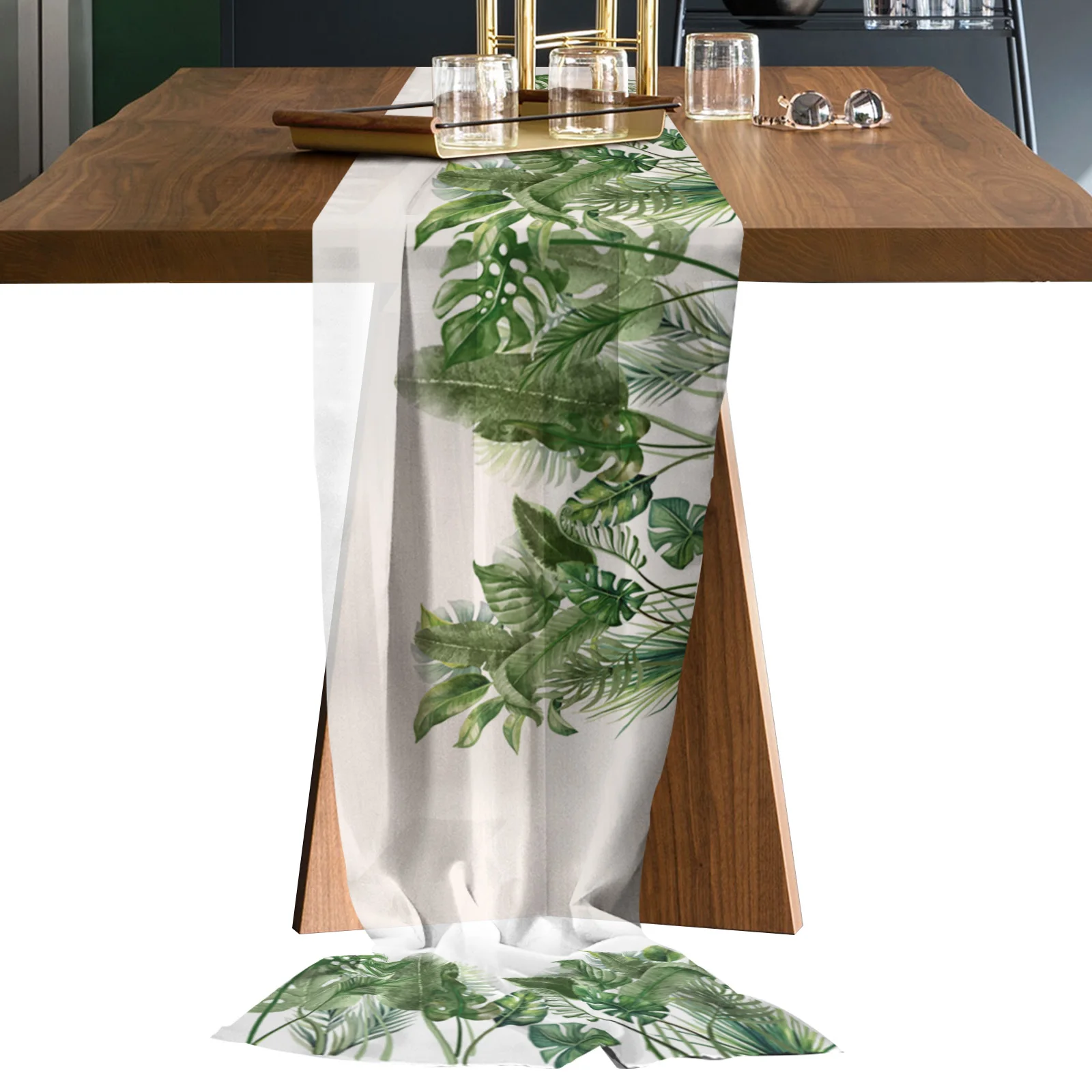

Tropical Plant Leaves Tulle Table Runner Wedding Decor Chiffon Table Runner Holiday Dinner Table Decoration