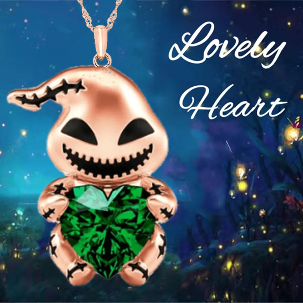 VintageLoveCrystalGhostPendantNecklaceforWomenGreenGemGhost