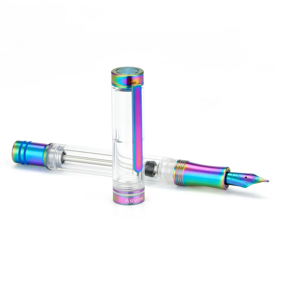 Caneta-tinteiro V200 Titanium com sistema de enchimento a vácuo, ponta Asvine / BOCK EF/F/B e corpo em acrílico transparente para escrita suave._voghion.com