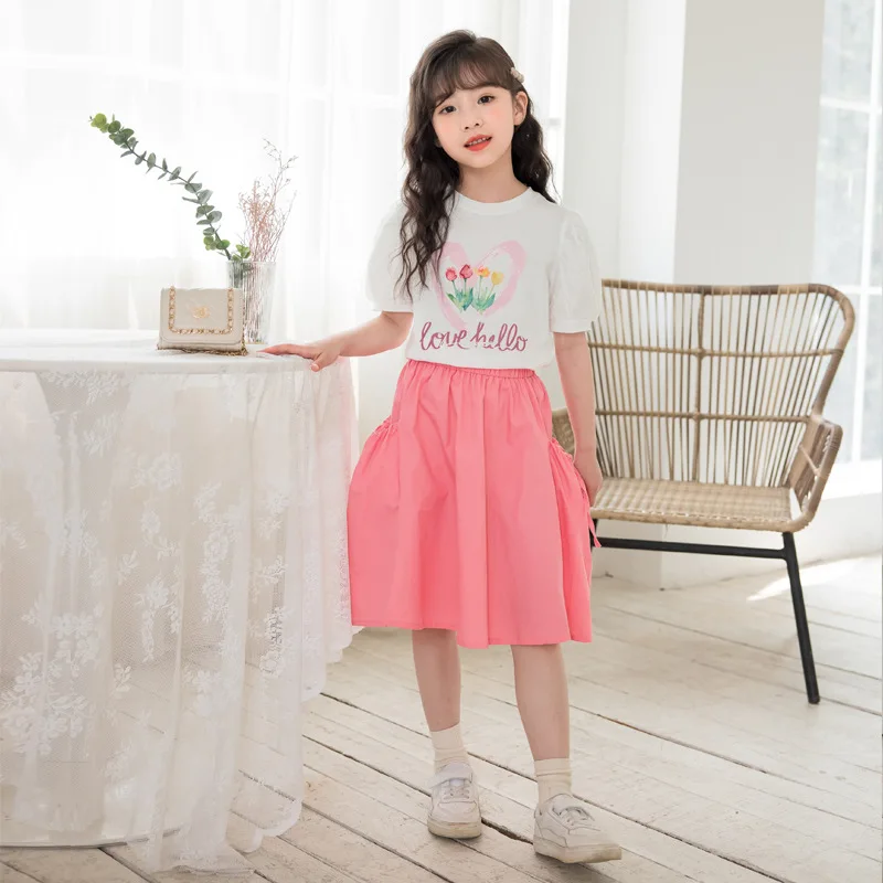 

2024 Korean Summer Junior Girl 2-Piece Sets Elementary Girl Flower Printed Bubble Sleeve T-shirt+Skirt Set For Girls 4-12Yrs