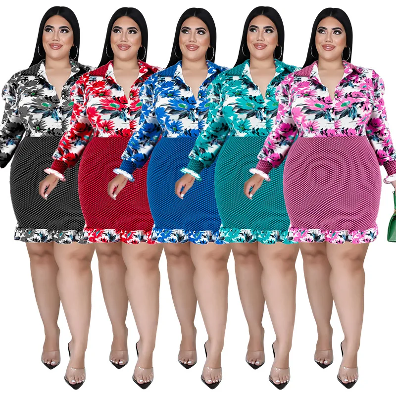

Floral Printing Turn Down Neck Women Shirt Dress Vintage Full Sleeves Ruffles Patchwork Bodycon Dresses for Club Party