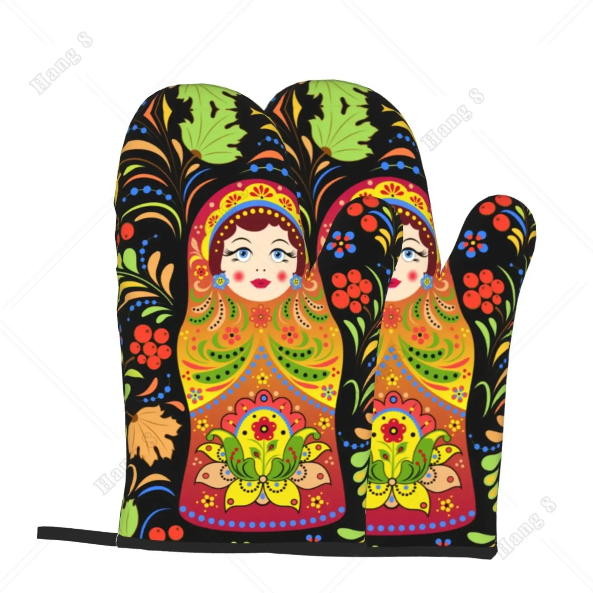Fashion Print Russian Babushka Matryoshka Doll Set of 2 Kitchen Gloves Women Men Oven Gloves Heat Resistant for BBQ Cooking kitchen gloves