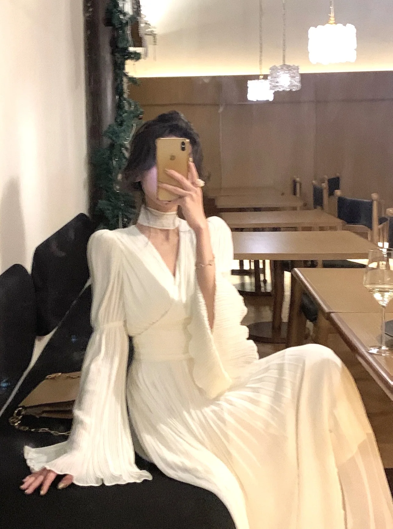 Autumn Solid Pleated Long Dresses for Women Halter V-neck Flare Sleeve Wedding Party Dress Korean Fashion One Piece Vestidos New