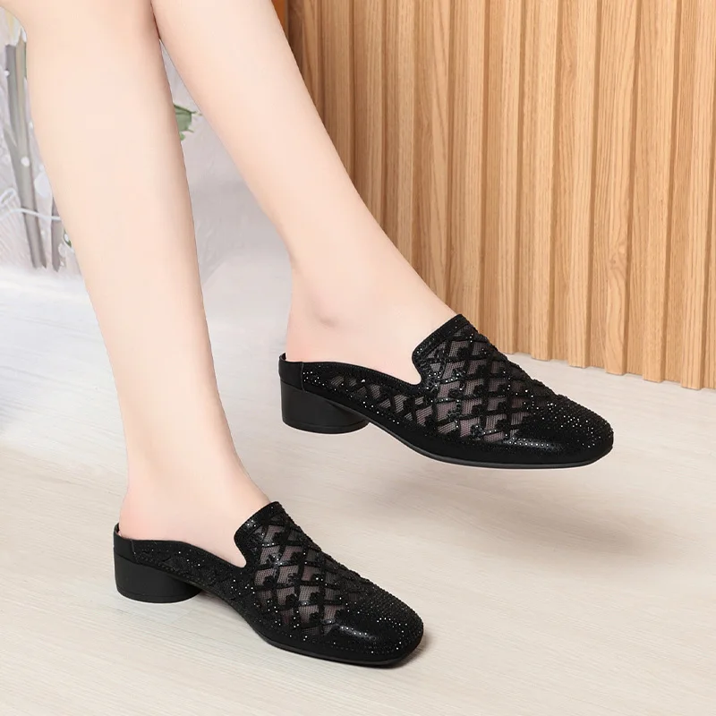 شبشب مقطوع الرأس من حجر الراين للنساء ، بغال يسمح...