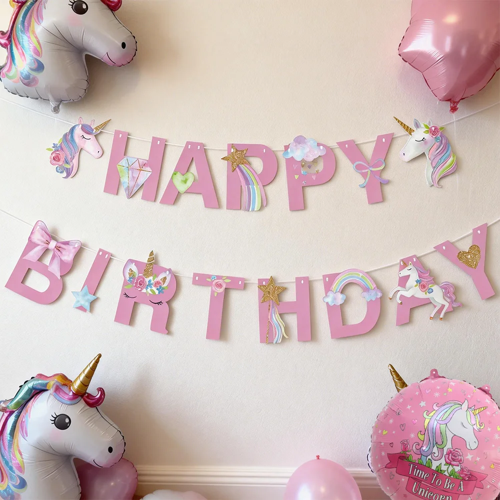 Einhorn-Partybanner Girlande Deko Kinder Mädchen Geburtstagsparty Banner Dekoration Babyparty Einhorn Geburtstagsdekorationsbanner