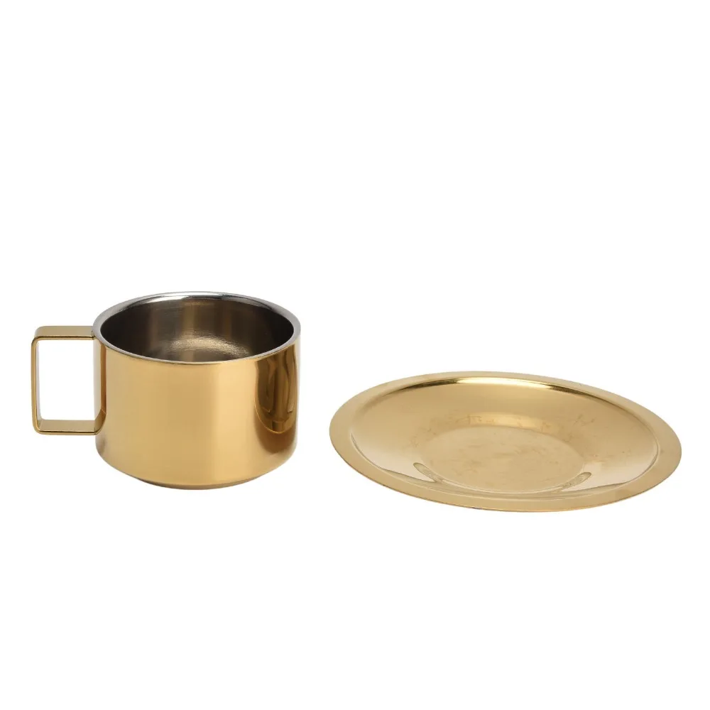 금속 커피 머그 스테인리스 스틸 커피 컵 골드 6.8oz/200ml 에스프레소 컵 세련된 디자인 휴대용 컵과 받침 세트 가정용
