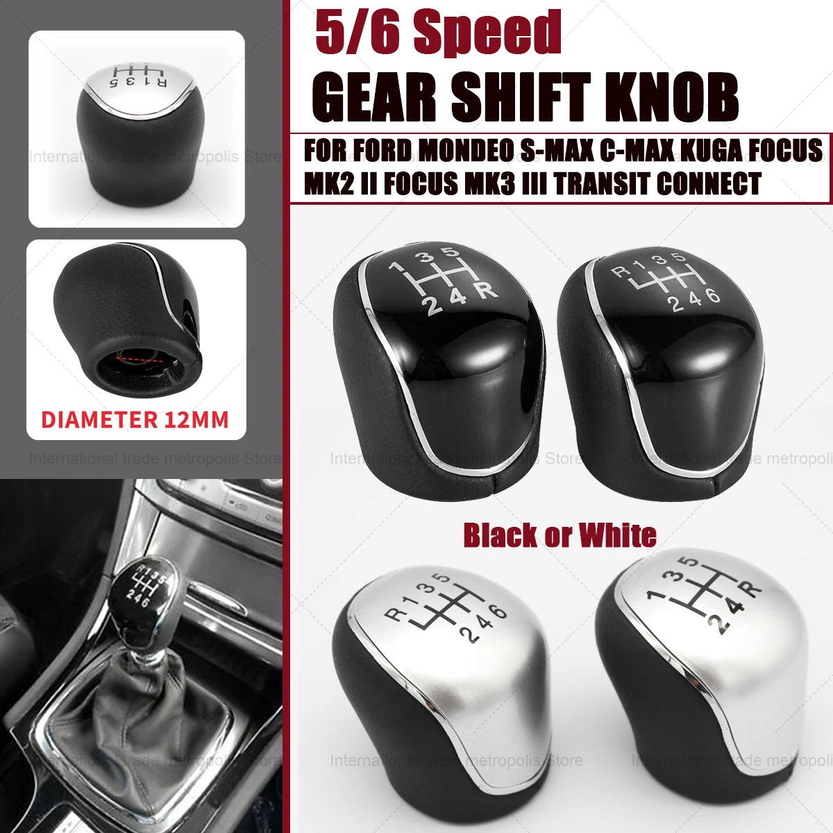 Gear shift knob 5/6Speed Car Leather Gear Shift knob for Ford S-Max C-Max Kuga Galaxy Mondeo4 Mk4 Transit Tourneo Connect Focus Auto Accessories