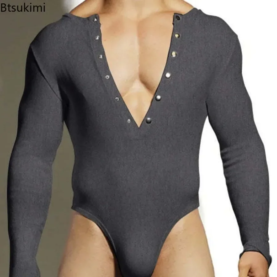 Men Rompers Deep V-neck Breathable Stretch Solid Simple Jumpsuits Casual Fashion Long Sleeved Triangle Bodysuits