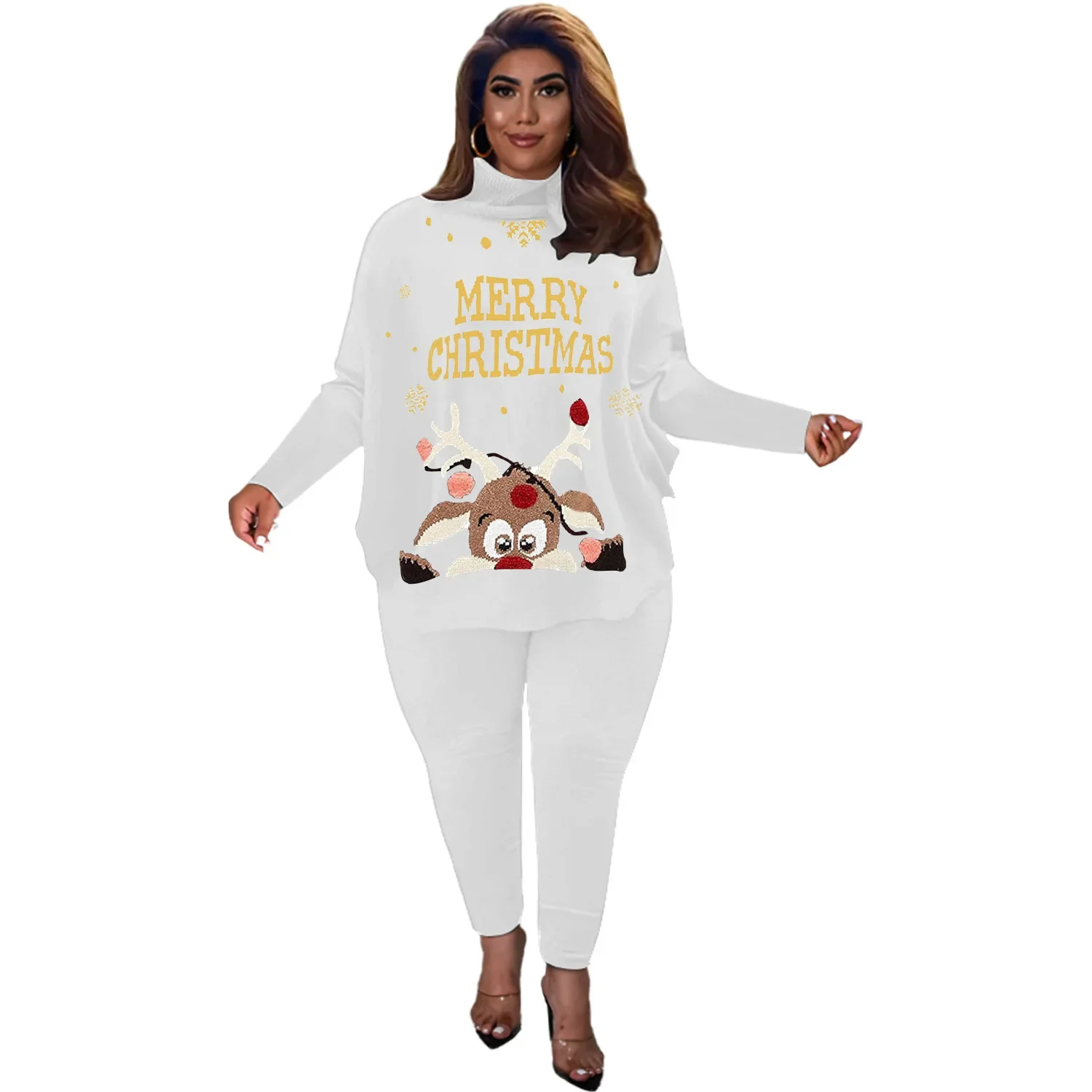 Autumn Winter Home Leisure Suit Christmas Women's Clothing 2024 Knitting Rib Sunken Stripe Top Tight Pencil Pants 2 Piece Sets