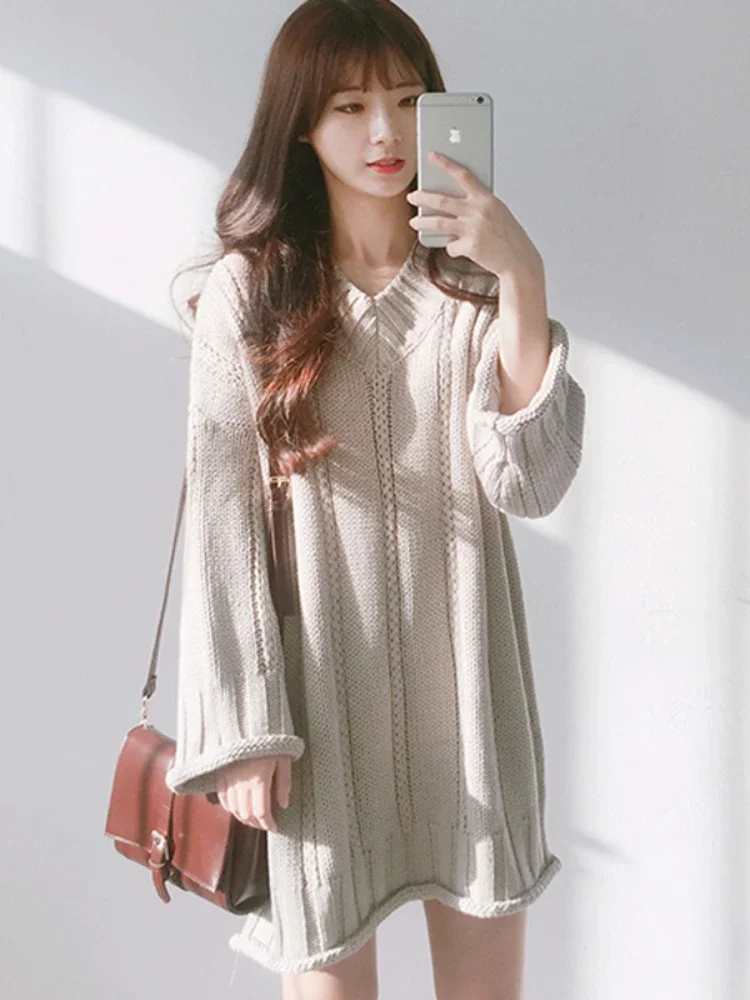 

Ribbed Mini Sweater Dress Women's Clothing Loose Plus Size Winter Dresses 2023 Korean New Ladies V-neck Knitted One-Piece Dress