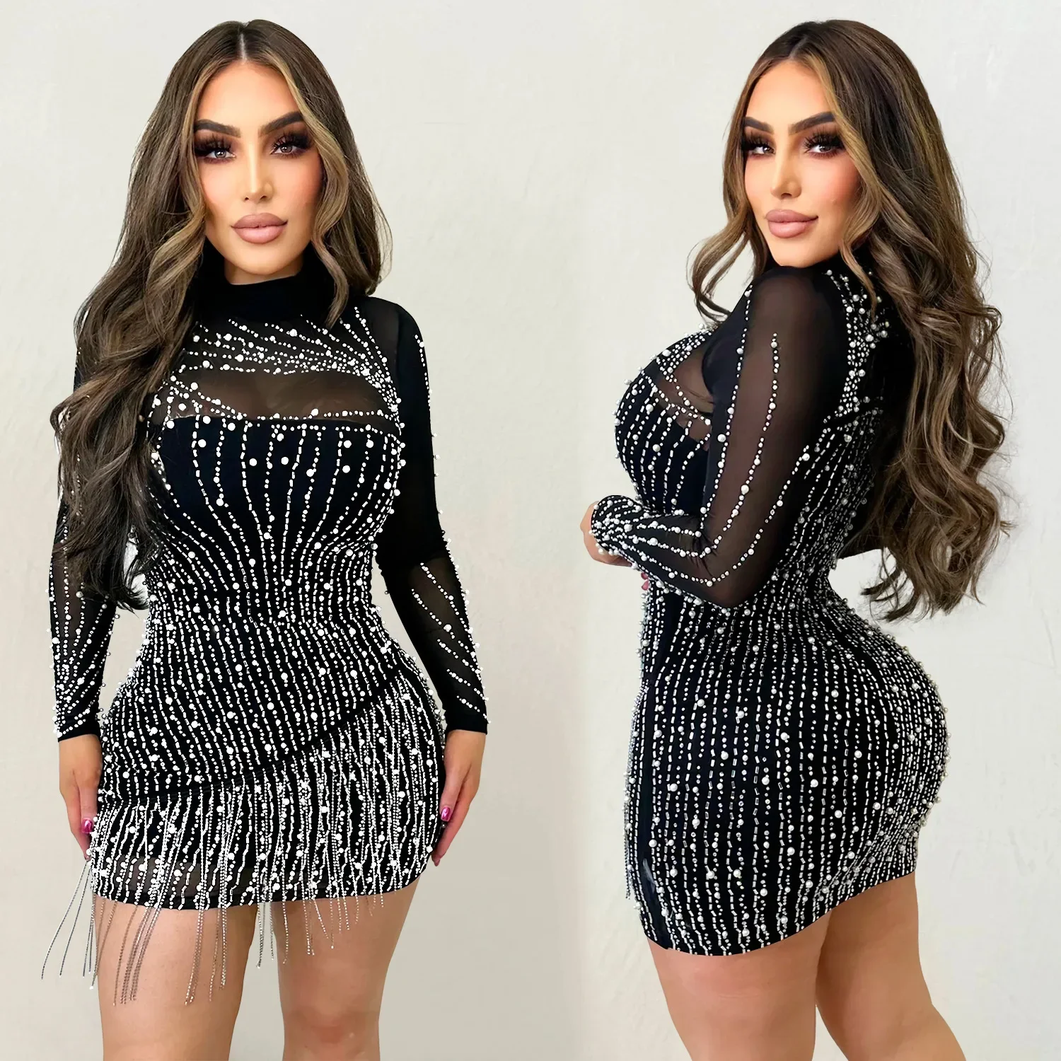 

European and American fashion women's long-sleeved mesh hot diamond bubble skirt dress