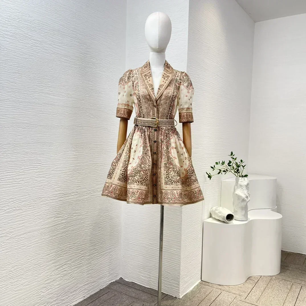 

Paisley 2023 New Silk Linen High Quality Black Floral Print Vintage Short Sleeve Belted A-line Beige Women Mini Dress