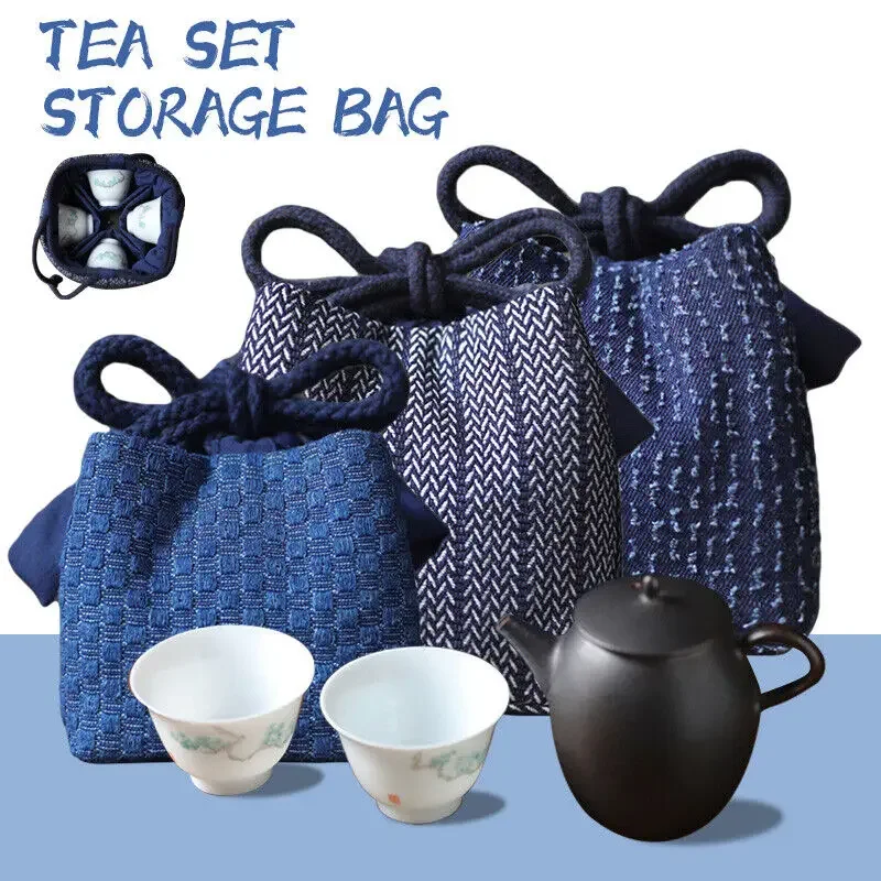 Portable Denim Tea Set Organizer Bag with Large Storage Capacity
