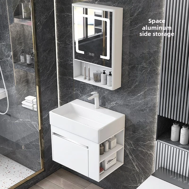 Space aluminum side storage bathroom cabinet ceramic washstand small apartment arc face wash basin cabinet combination