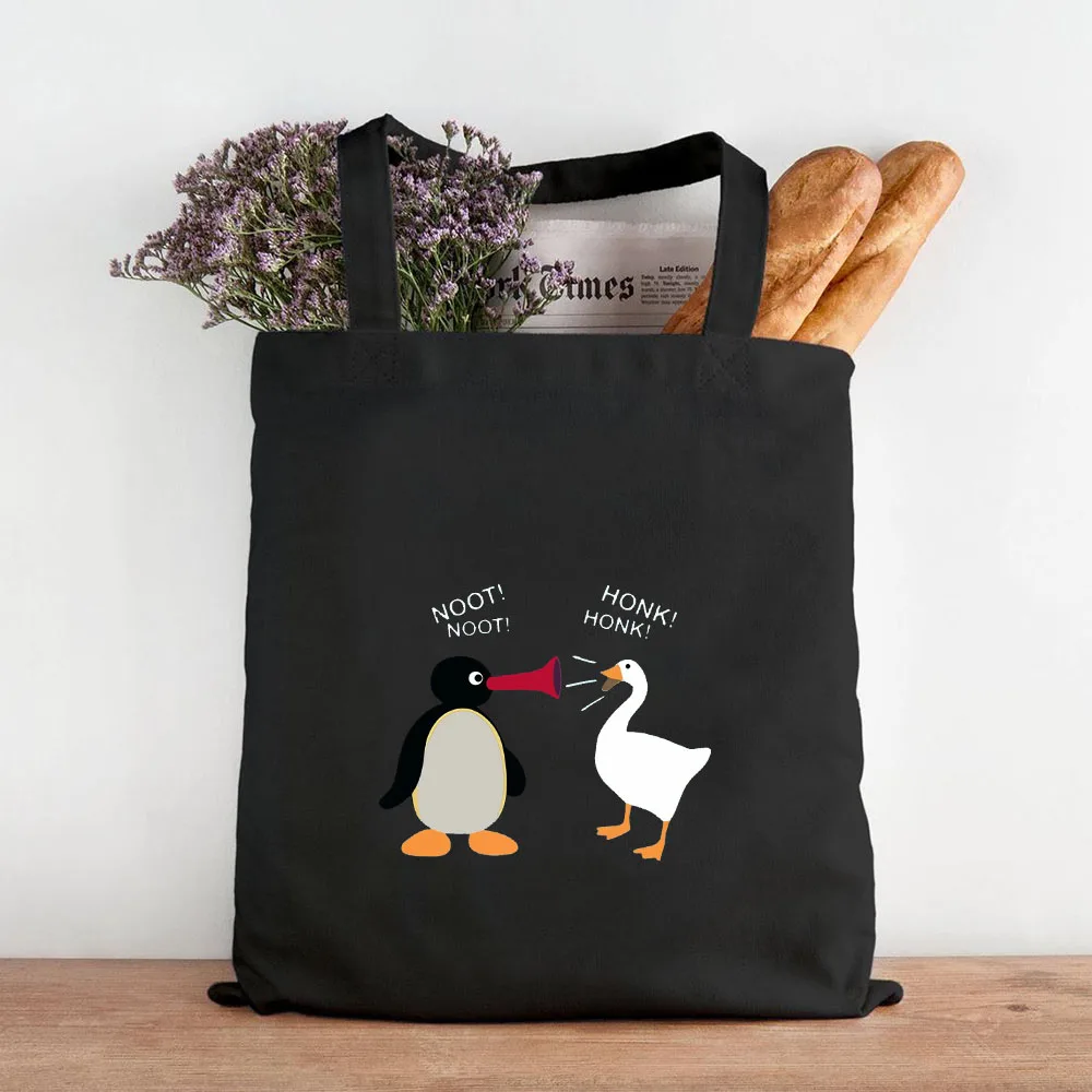 Funny Honk Untitled Goose Game Frog Pingu Duck Cute Cartoon Girl Women Canvas Shoulder Shopping Book Cotton Handbag Eco Tote Bag