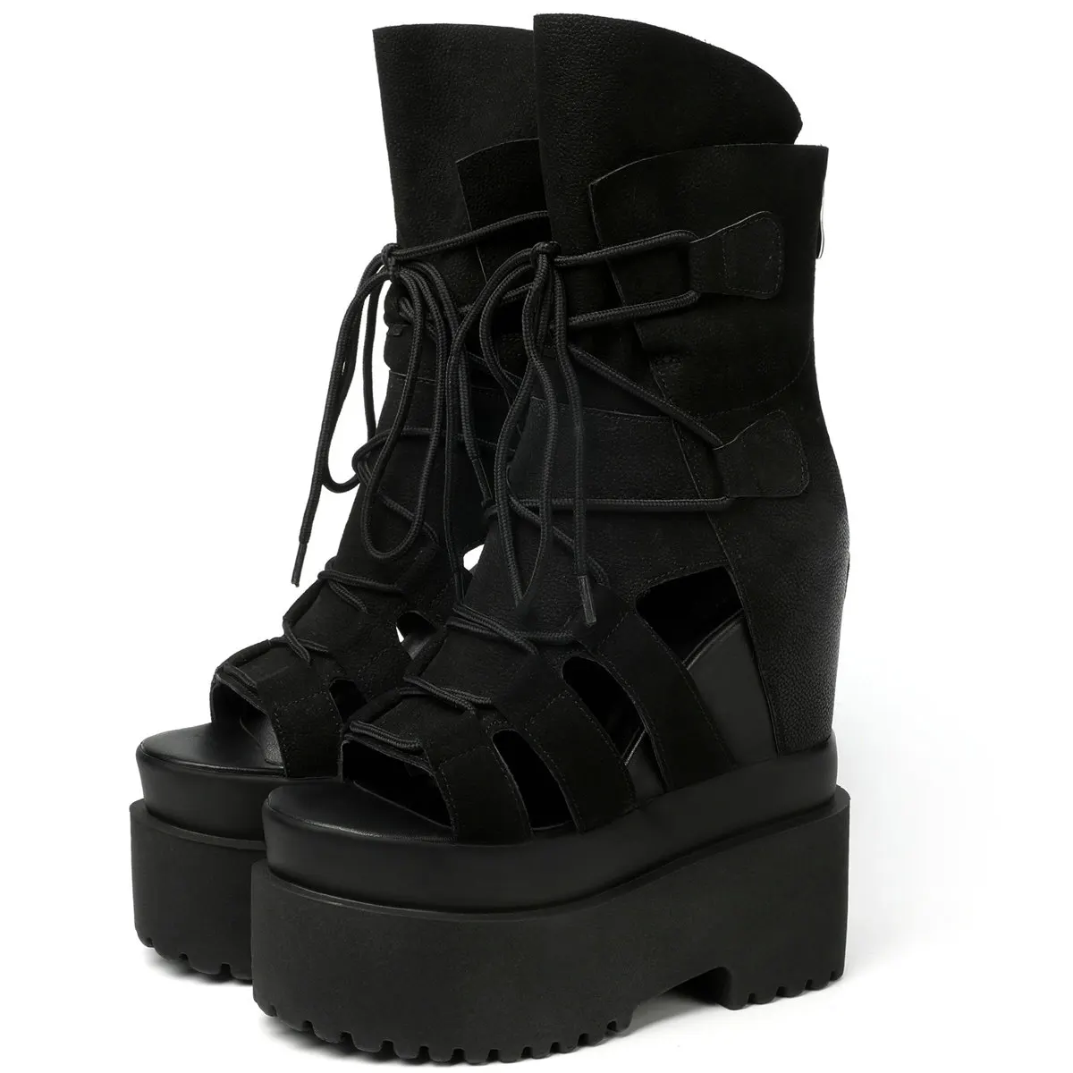 

16cm Super High Heels Pumps Shoes Women Lace Up Genuine Leather Gladiator Sandals Female Open Toe Fashion Sneakers Casual Shoes