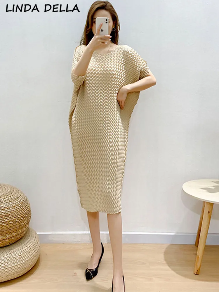 

Женское винтажное плиссированное платье LINDA DELLA, летнее черное платье средней длины с рукавами летучая мышь, повседневное свободное платье из искусственной кожи, 2019