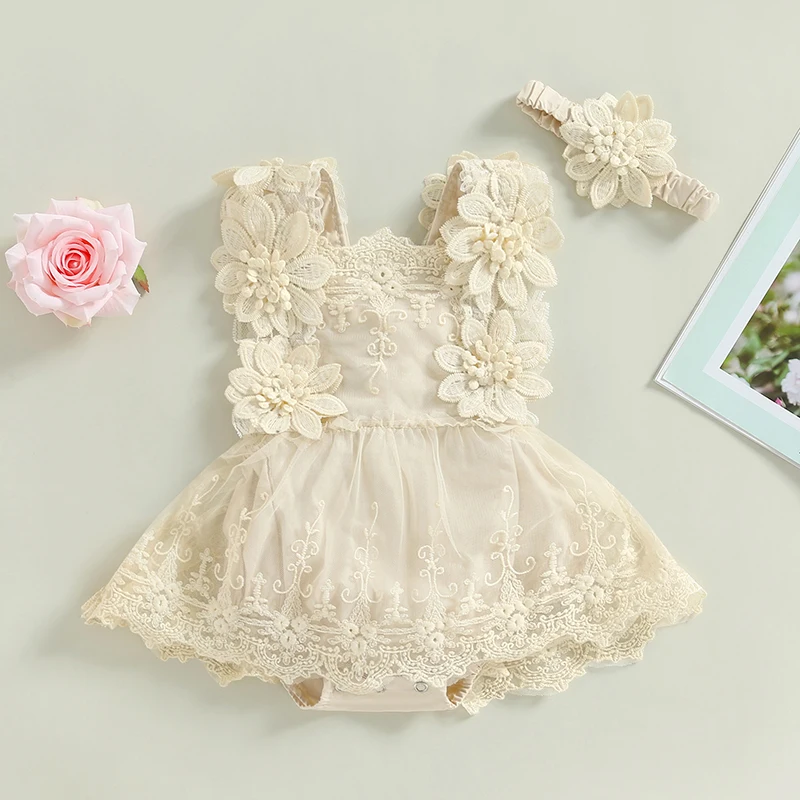 Infant Baby Girl Summer Romper Floral Lace Embroidery Romper Dress Straps Sleeveless Sweet Triangle-Bottom Jumpsuit And Headband 1