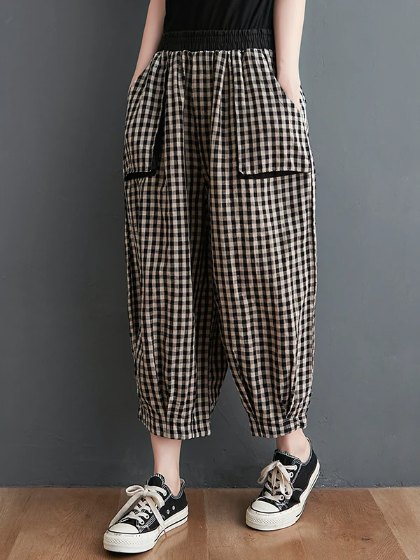 Retro Cotton Linen Plaid Wide Leg Pants Women Summer Casual Seven-Foot Loose Large Size Fat MM Match Lantern Pants