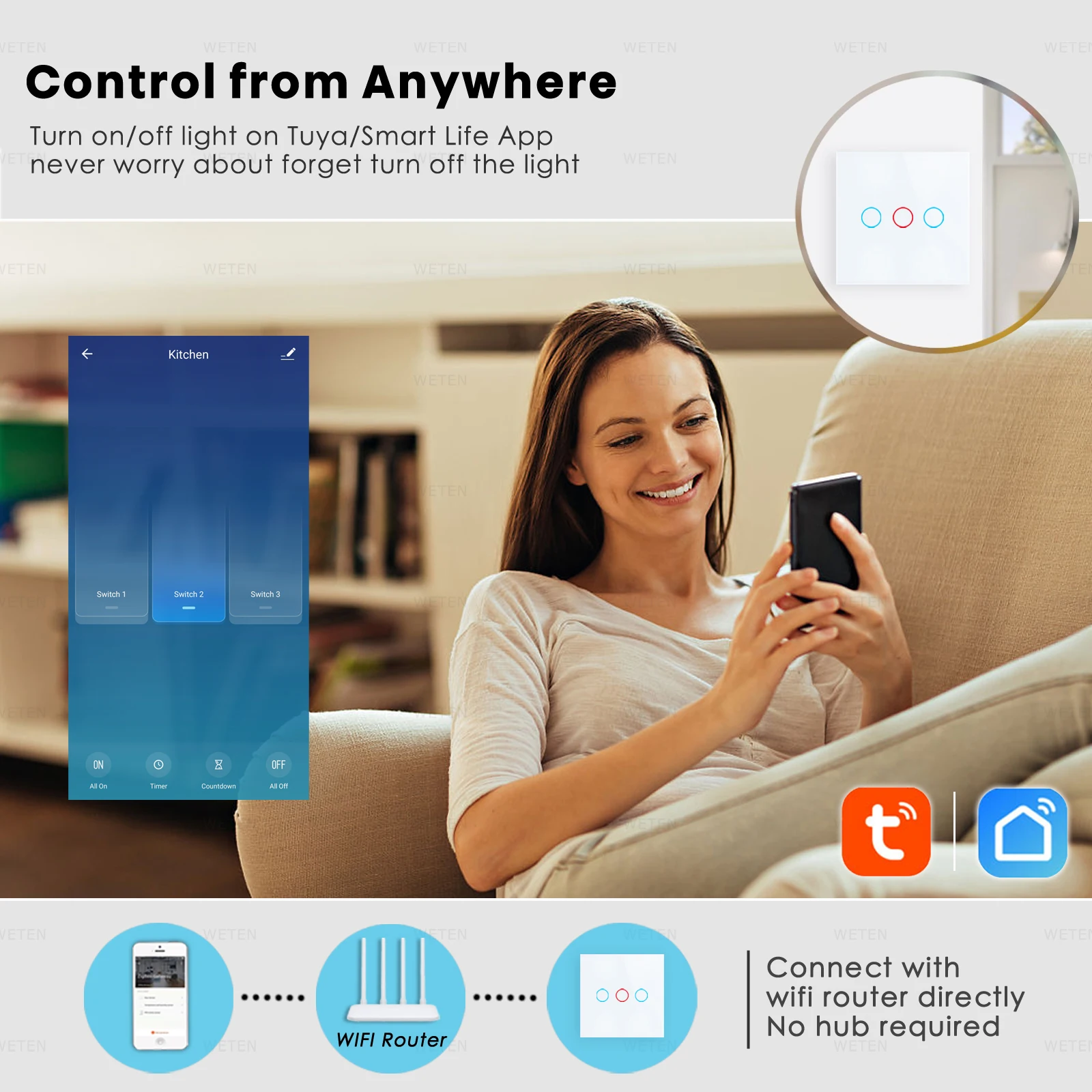 Tuya Smart Wifi rf Wall Touch Light Switch sem Fio Neutro 433 Mhz Gang 220v 110v Smart Life App Suporte Alexa Google Home - Image 3