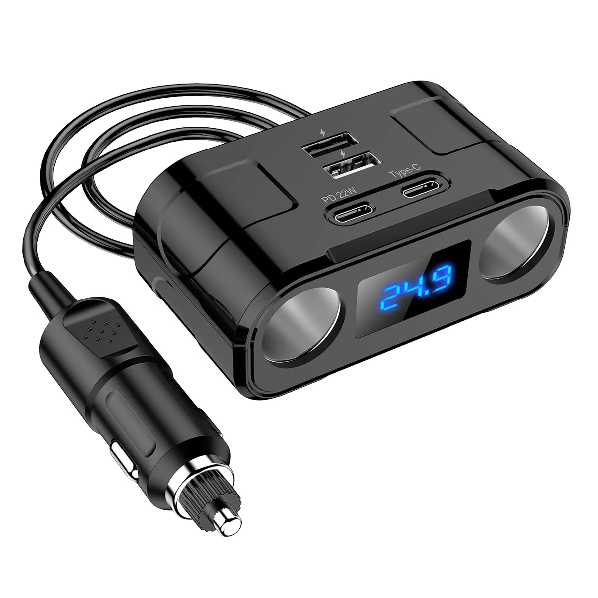 Car Charger 60W Power Adapter 2 Sockets 2 USB Type C Charging Port PD 22W Fast Charging Voltage Detection Phone Charger
