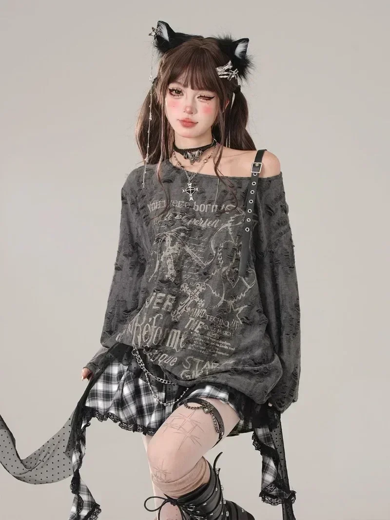 Grunge Gothic Off Shoulder Graphic T Shirts Women Y2k Clothes with