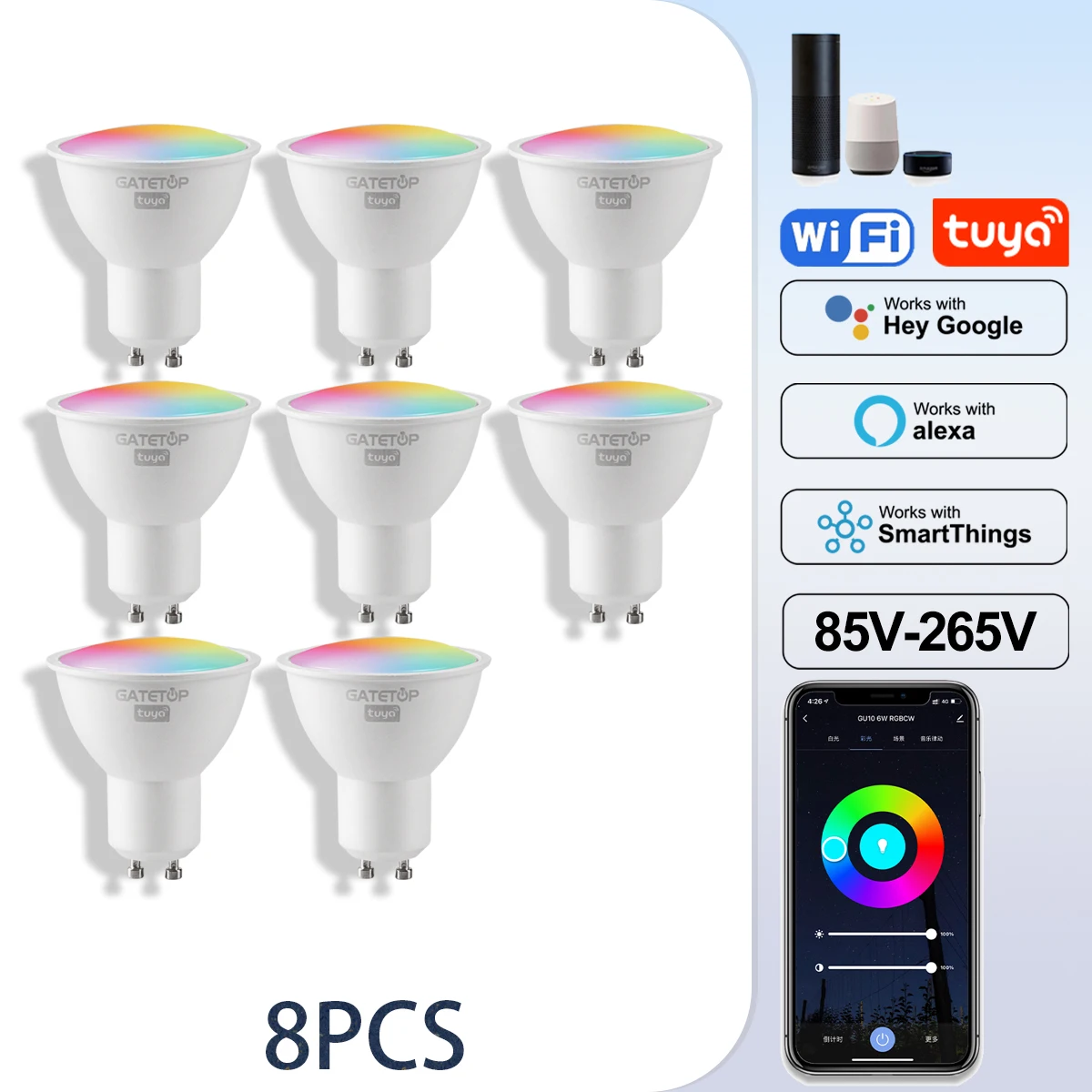 Tuya Smart RGB LED GU10 Dimmable Light Bulb - WiFi Controlled, 6W Magic Lamp