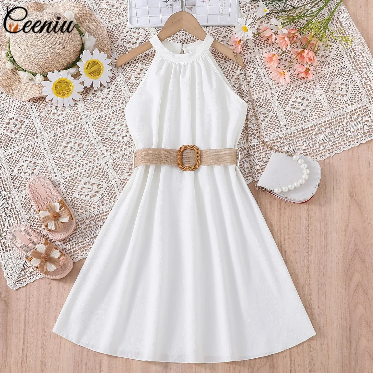 Ceeniu Girls' Sleeveless Halter Party Dress with Belt