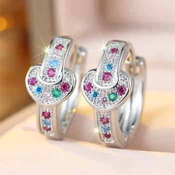 Charm Love Heart Multicolor Zircon Round Stone Hoop Earrings For Women Vintage Gold Silver Color Ear Buckle Wedding Jewelry Gift