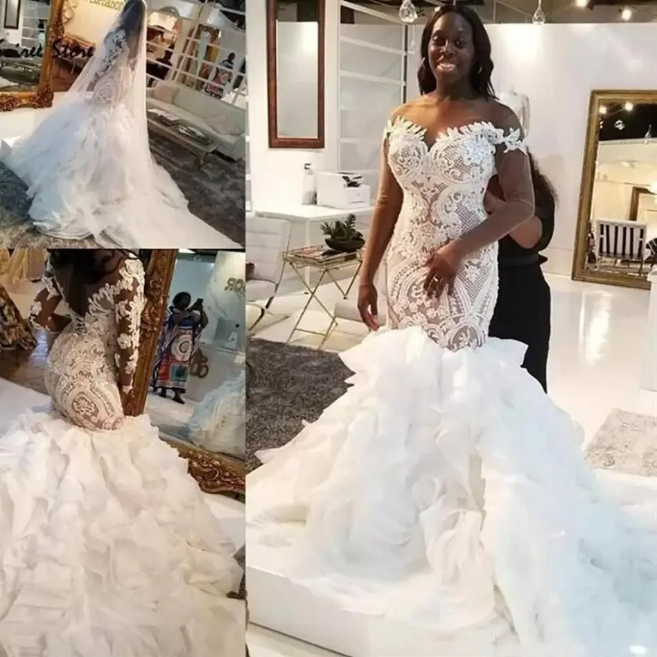 

Mermaid Lace Wedding Dresses African Dubai Long Plus Size Bridal Gowns Illusion Sleeves Court Train