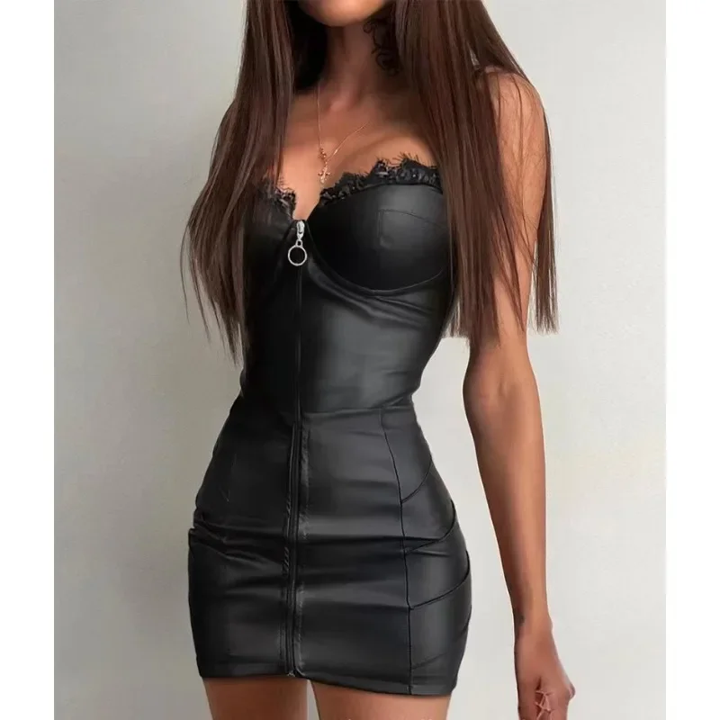 Sexy Fashion Corset V Neck Cocktail Gala Evening Mini Dress Black Elegant Night Clubwear Prom 2025 Women Lace PU Party Dress