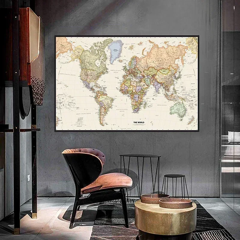 Retro World Map 150x100cm Detailed Map Non-woven Canvas Large Poster Print Wall Hanging Art Painting Living Room Home Decoration