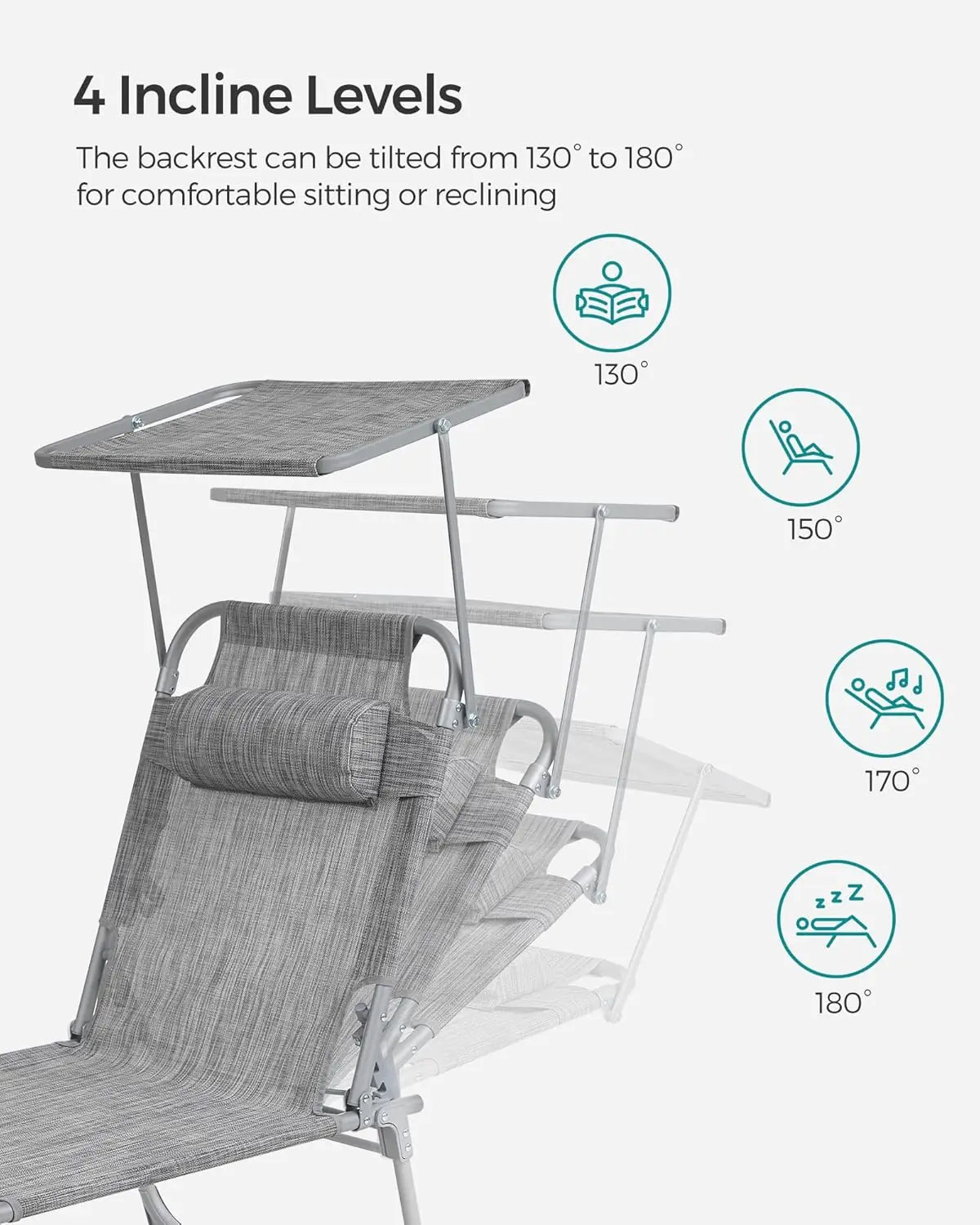 Sun Lounger. Folding Chaise Lounge Chair. Canopy. 76x20.9x11.4". 330lb Capacity. Headrest. Adjustable Backrest. Greige. GCB19T.