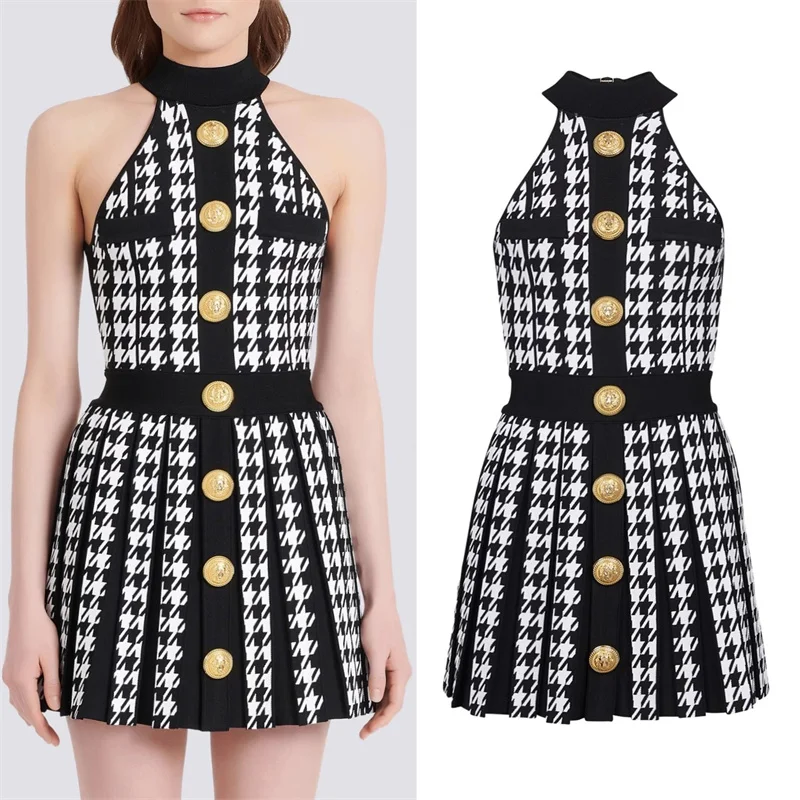 

2023 Spring Autumn New Hanging Neck Sleeveless Vest Pleated Dress Classic Thousand Bird Checker Lion Button Short Knitted Dress