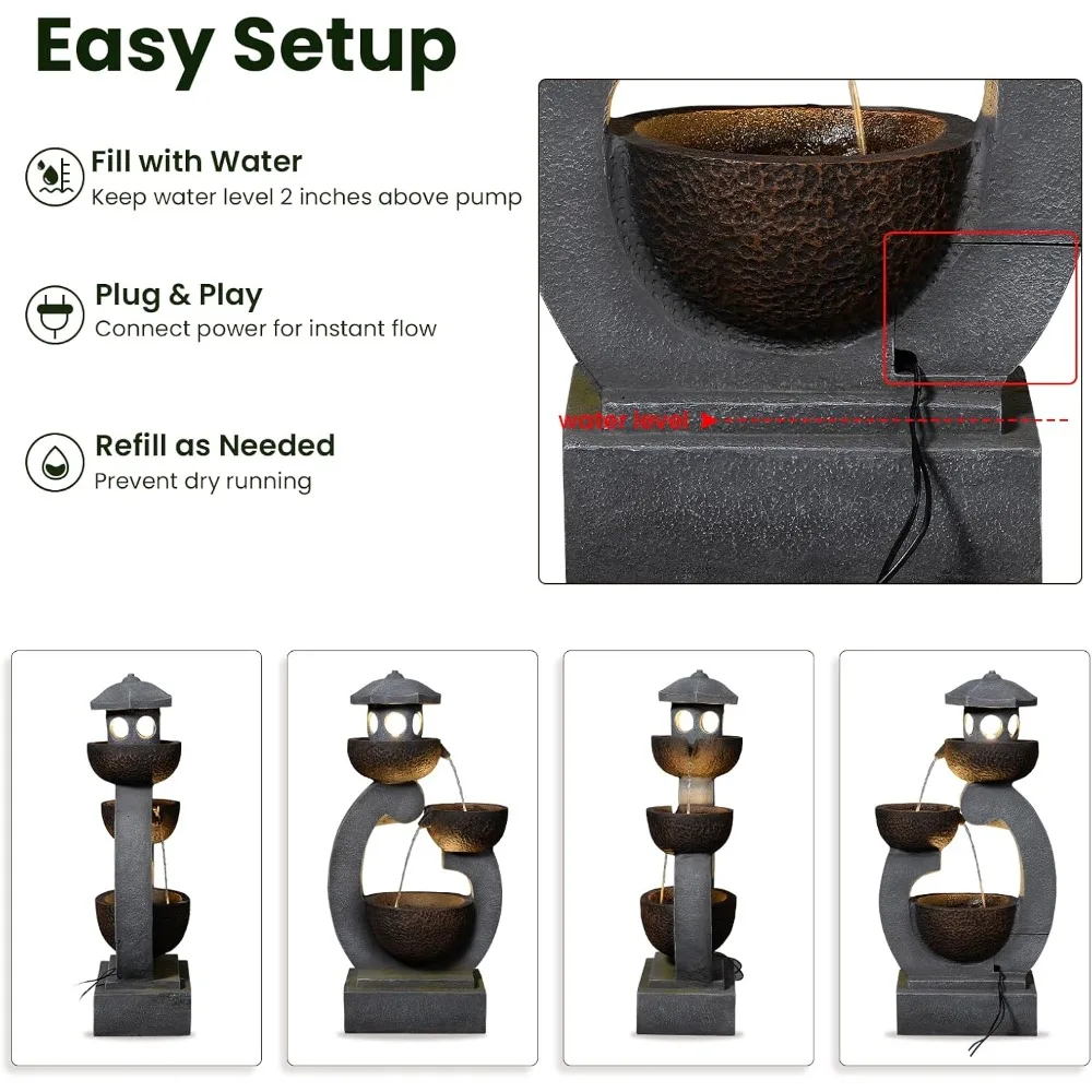 Zen Pagoda fountain illuminated at dusk