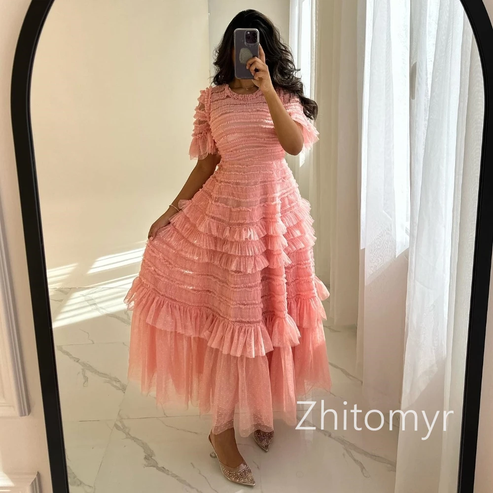 Exquisite Jewel A-line Prom Dresses Layered Organza Evening  Anke length فساتين للحفلات الراقصة vestidos de fiesta