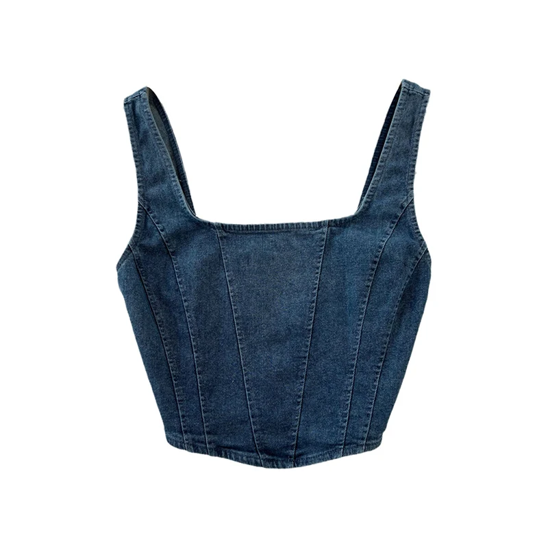 

Vintage Denim Tanks Camis For Women Almighty Casual Sleeveless Zipper Spliced Femme Corset Crop Tops Elegant Chic Tank Camisoles