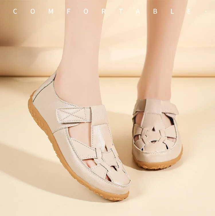 Neue geflochtene Riemchensandalen für Damen, atmungsaktive Loafer-Schuhe mit Aussparungen, lässige flache Lederschuhe für Damen – Detail 12