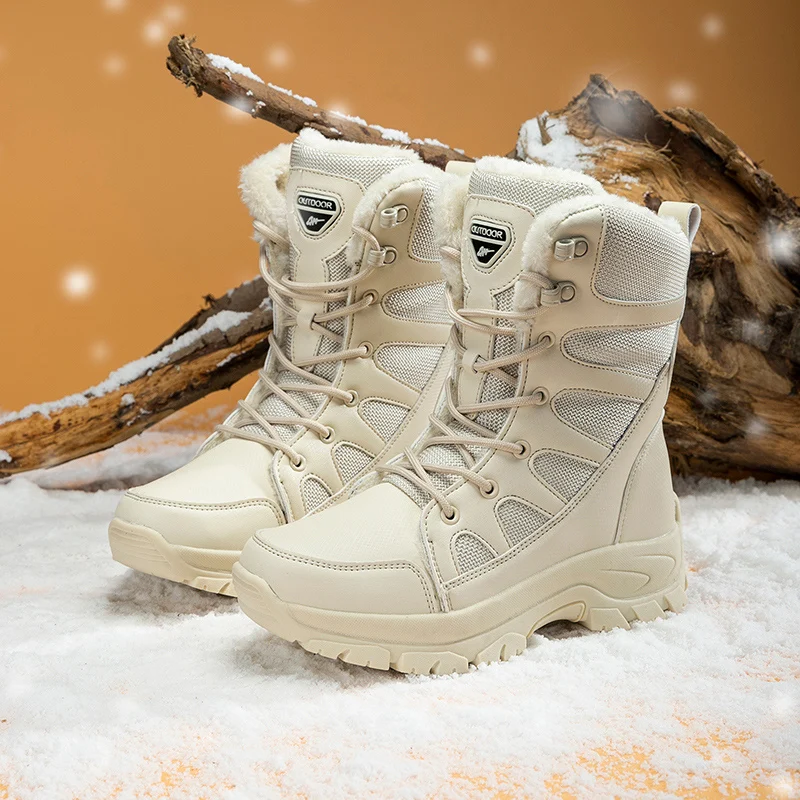 

Beige Winter Snow Boots Women Comfortable Warm Plush Hiking Boots Men Outdoor Boots Non-Slip High Top Trekking Hiking Shoes Men
