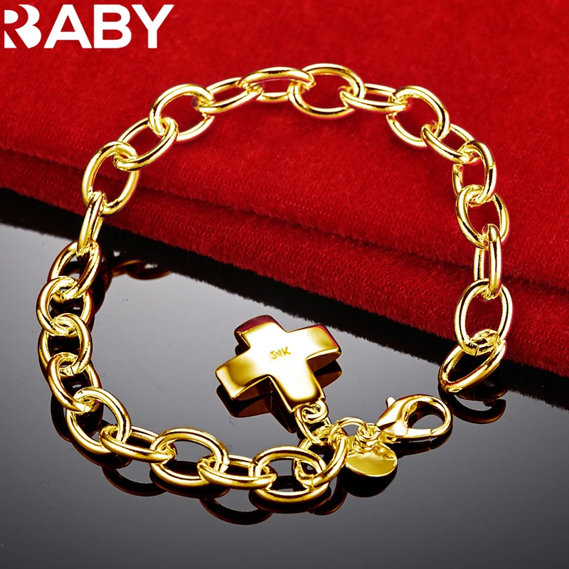 

URBABY 925 Sterling Silver Bracelet 24K Gold Cross Chain Bracelet For Women Men Fashion Wedding Party Jewelry Christmas Gift