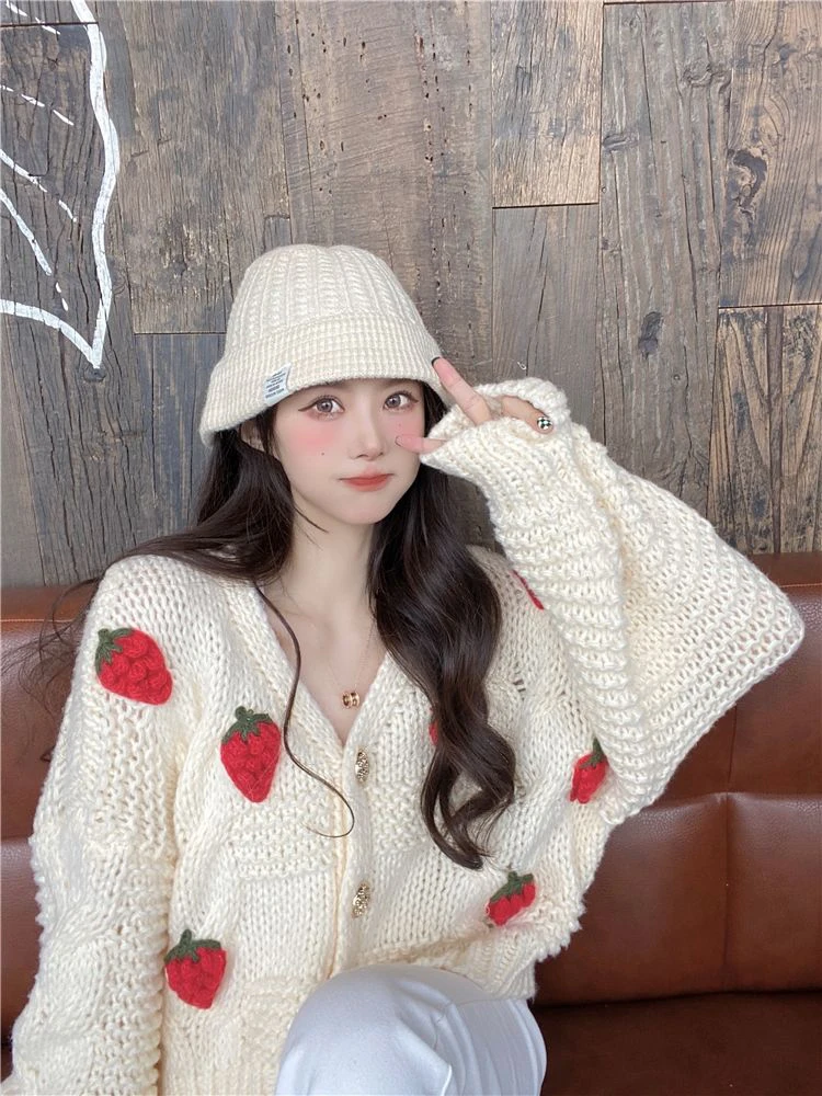 Zoki 3D Strawberry Sweet Cardigan Women Loose Long Sleeve