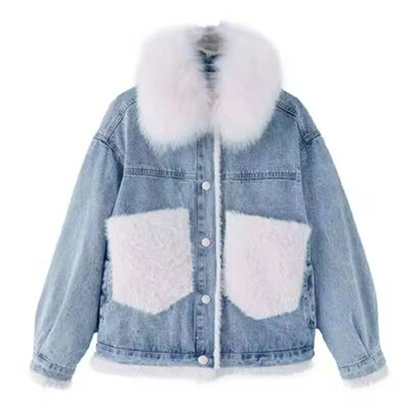 Fashion Big Wool Collar Plus Velvet Denim Women Autumn Winter 2022 New Korean Version of Thick Stitching Cotton Coat Female Coat