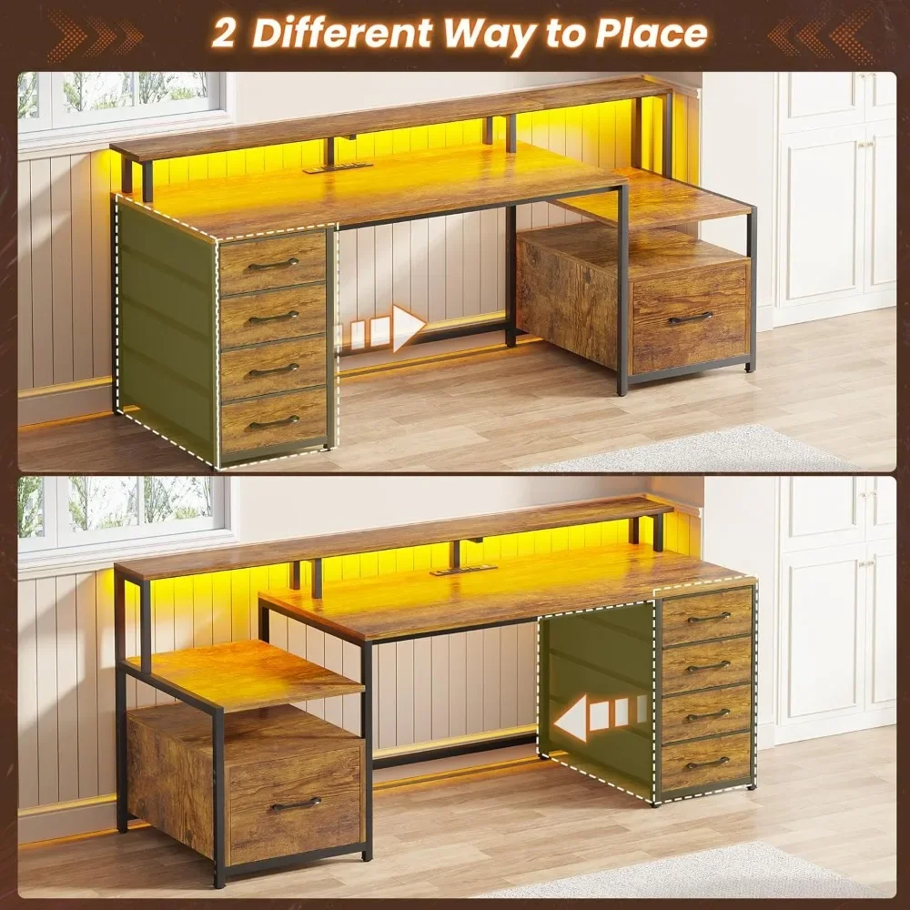 Home Office Desk with File Drawer & Power Outlet, 66'' Computer Desk with 5 Drawer, Storage Shelves, Printer Cabinet 4