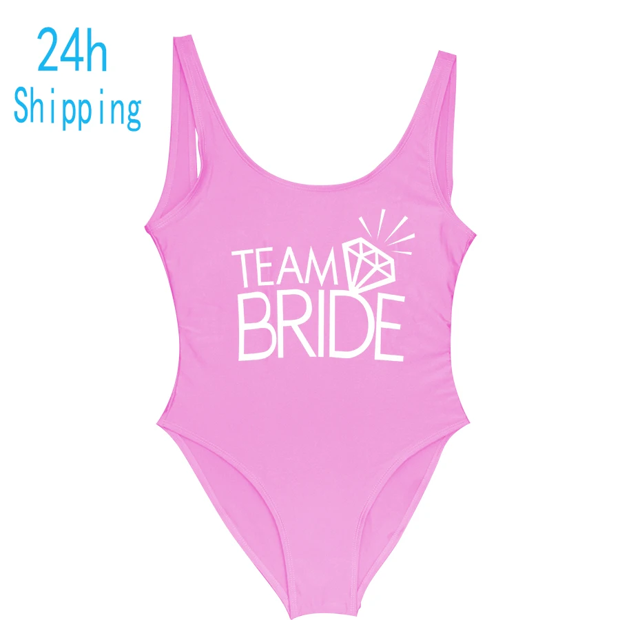 Team Bride Letter Print Diamond Pattern One Piece Swimsuit Women