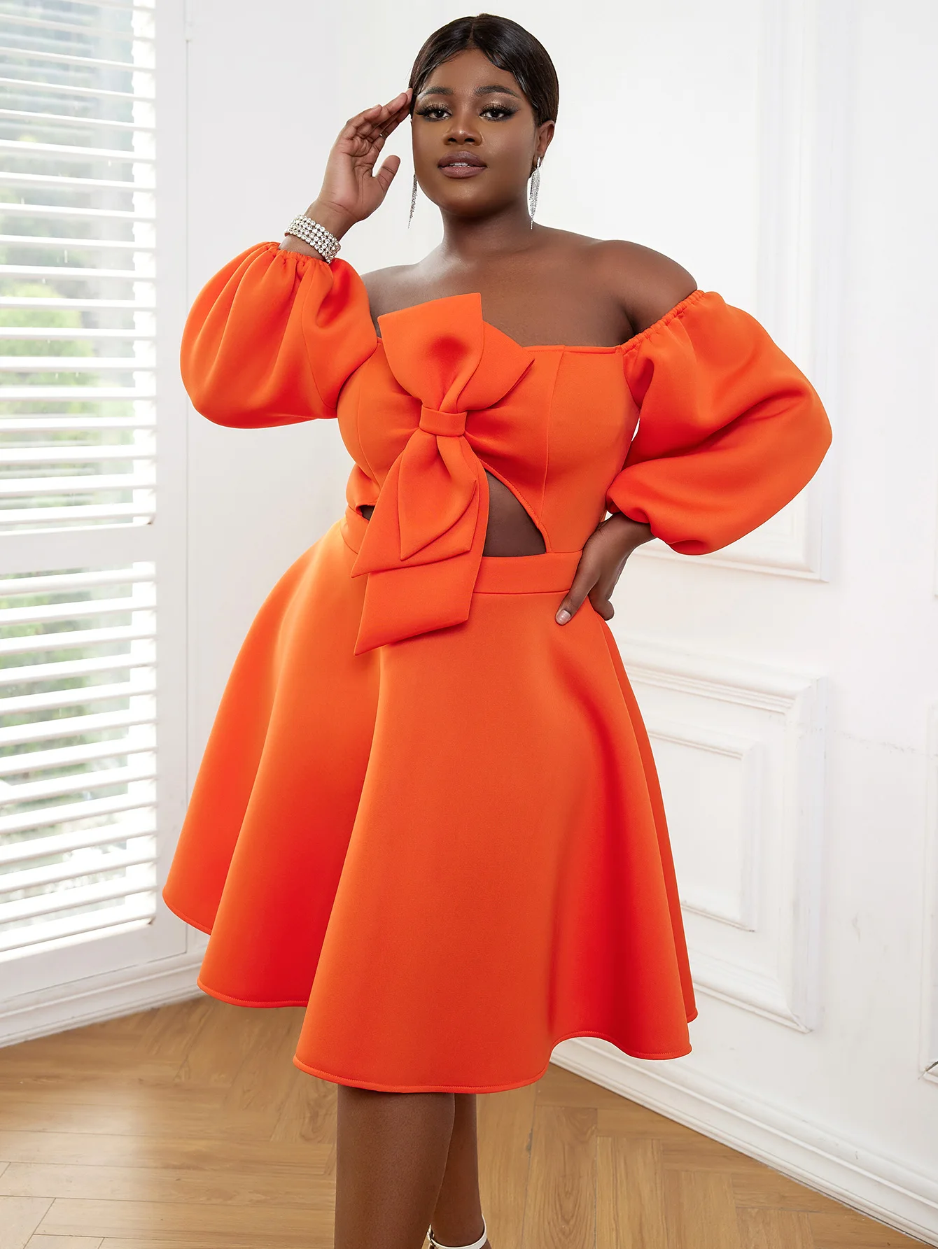 

Strapless Dresses for Women Orange Lantern Sleeve Bow Hollow Out High Waist A Line Party Club Elegant Backless Sexy Evening Gown