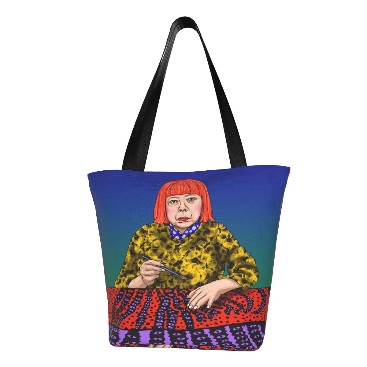 

Japanese Artist Yayoi Kusama Groceries Shopping Bag Cute Print Canvas Shopper Shoulder Tote Bags Large Capacity Washable Handbag